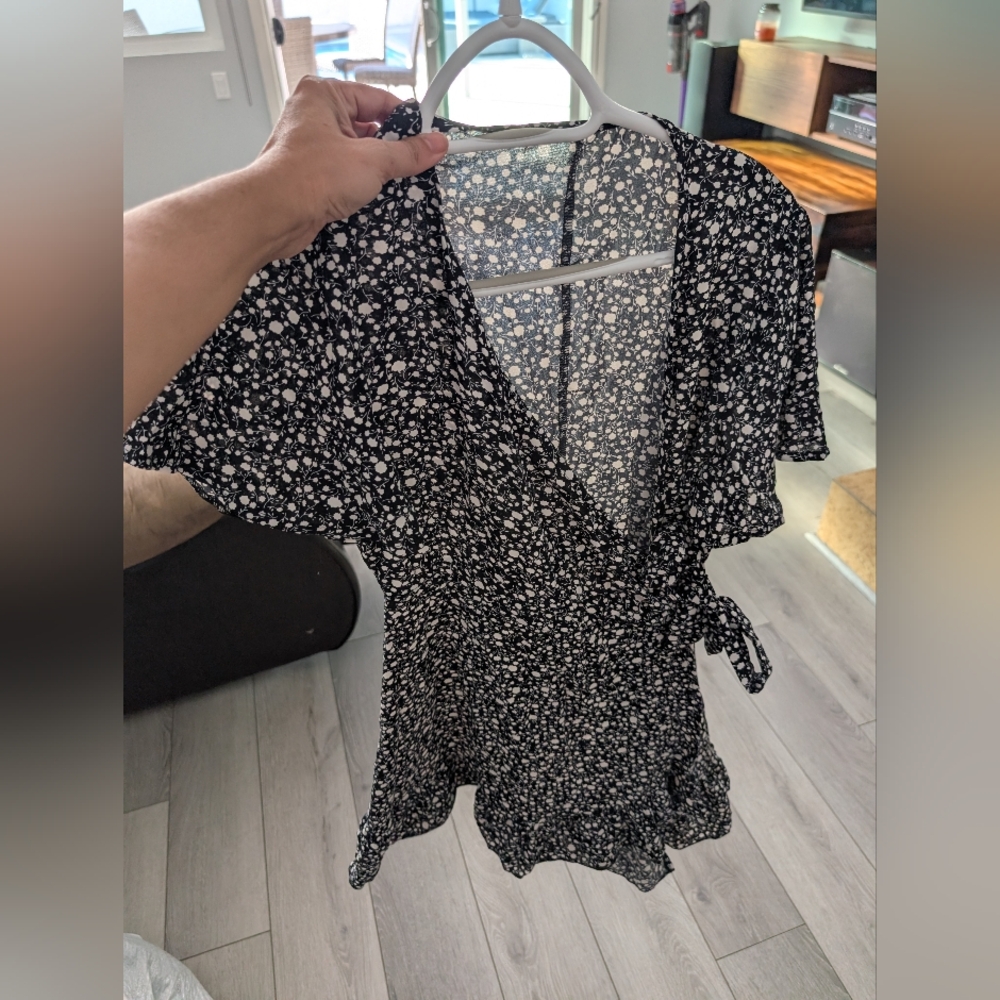 Floral Black and White Wrap Top